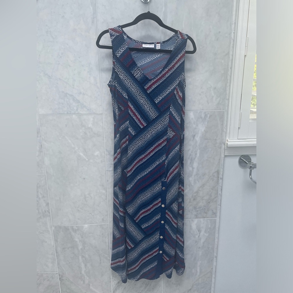 Susan Graver printed liquid knit maxi dress, patriotic, sz sm petite, buttons